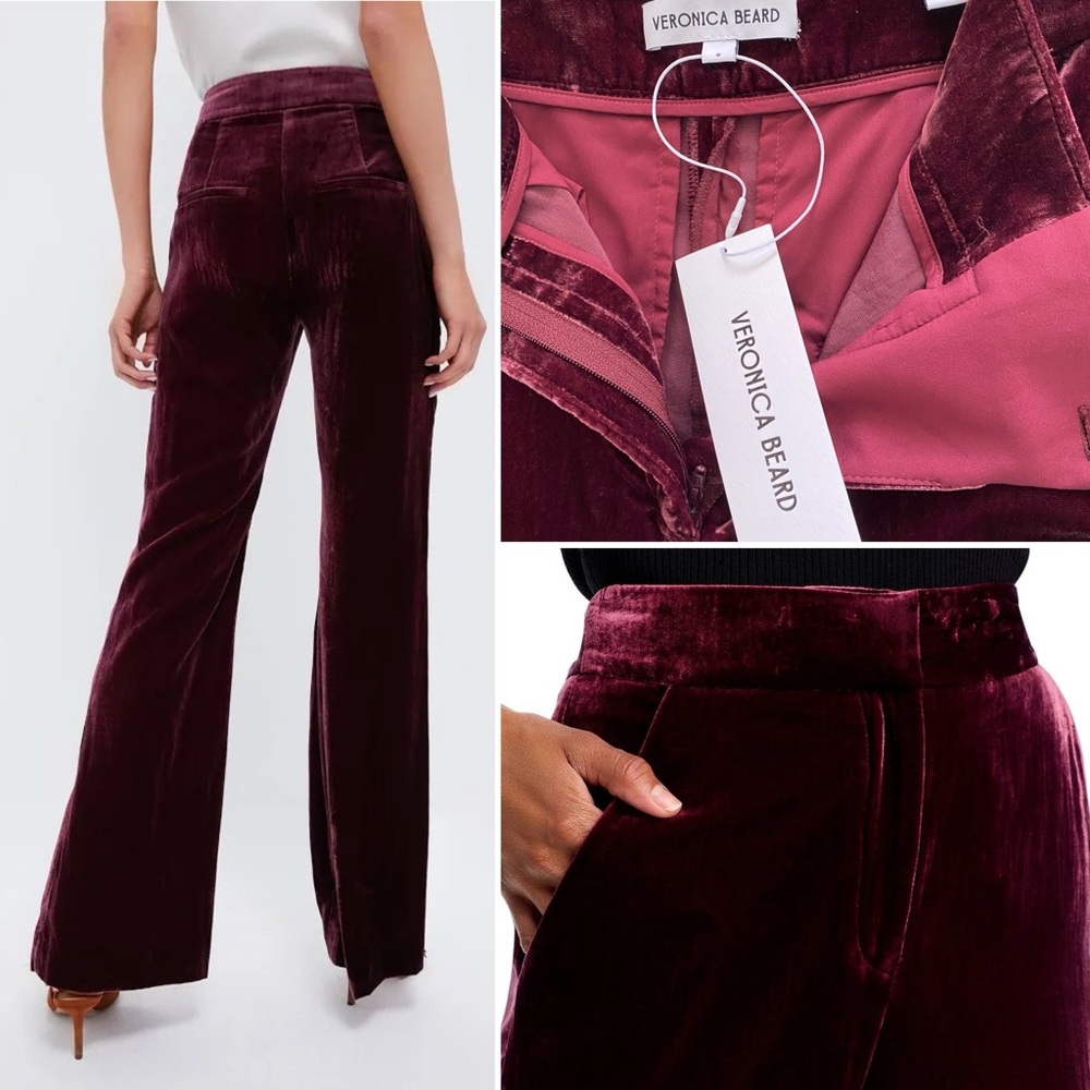New! $495 VERONICA BEARD Women's Lebone Red Wine Velvet High Flared Pants 6 NWT